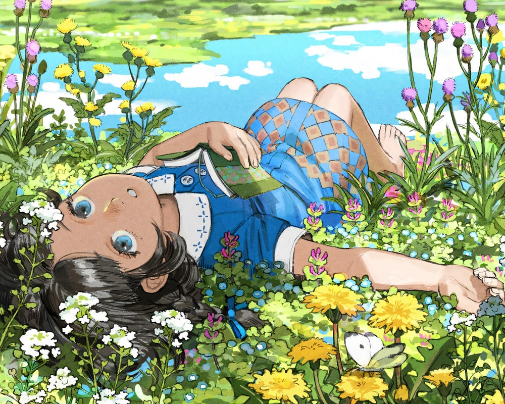 cô gái anime đọc sách trong thư viện