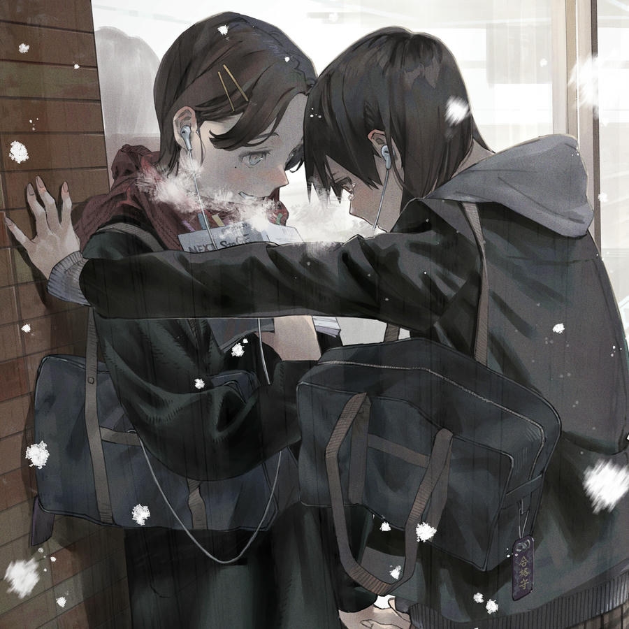 hai cô gái anime bách hợp nhìn nhau mỉm cười