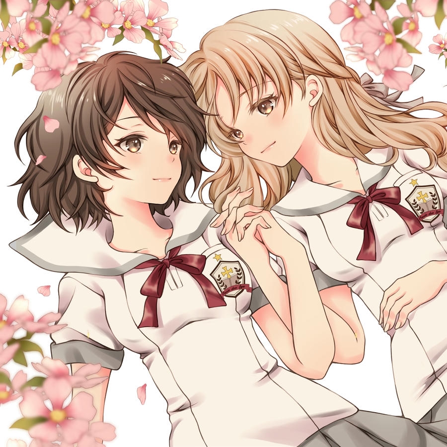 hai nhân vật anime bách hợp ôm nhau nhẹ nhàng