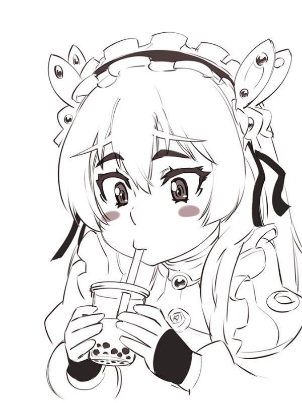 Hình ảnh anime chibi dễ vẽ uống trà sữa