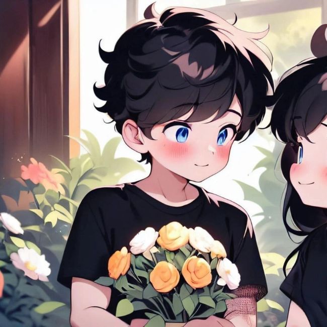 Hình ảnh anime cặp đôi cute tặng hoa