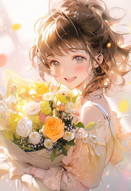 Avatar hình vẽ cô gái đẹp anime cầm bó hoa