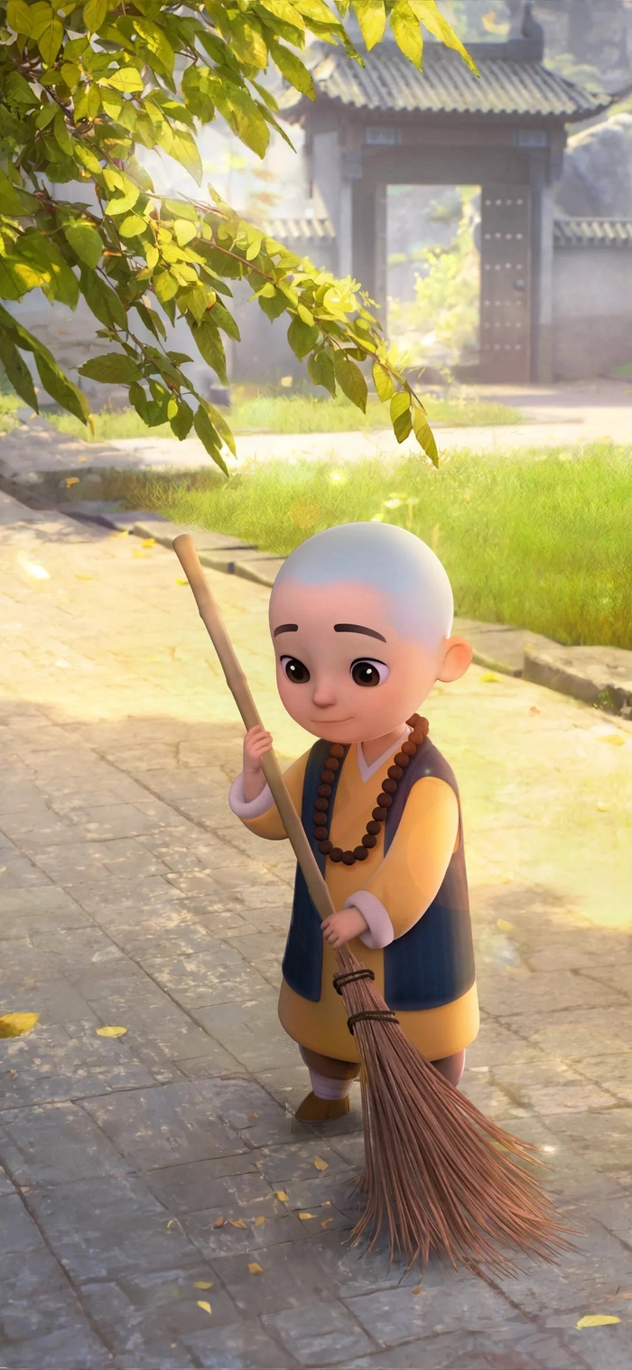 Hình chú tiểu chibi quét sân