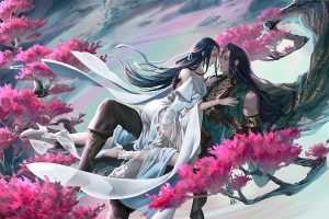 Hình ảnh anime cặp đôi cổ trang giữa rừng hoa