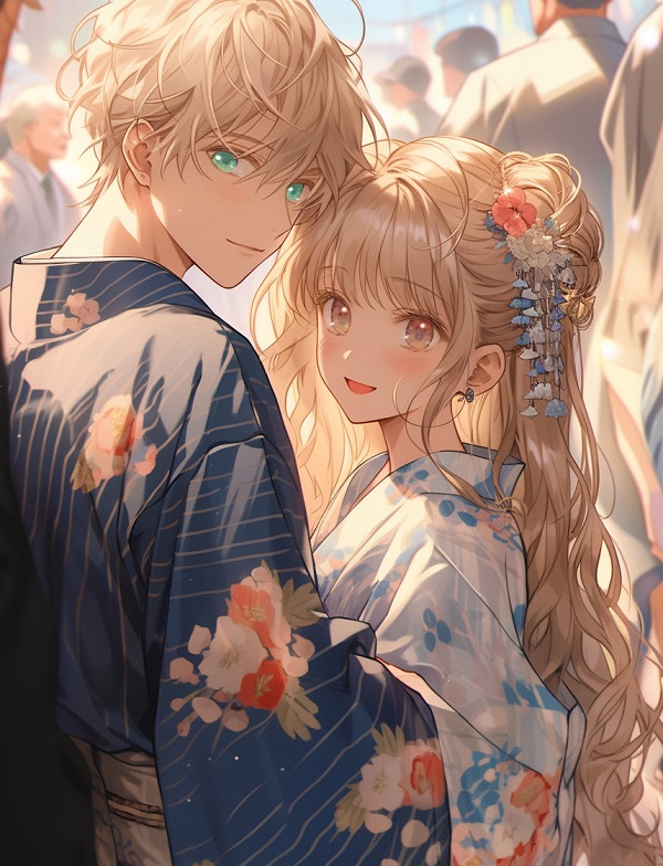 hình ảnh cặp đôi yêu nhau cute anime mặc kimono