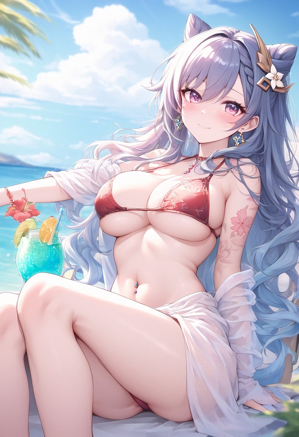 Ảnh anime nữ mặc bikini họa tiết nhiệt đới sống động 