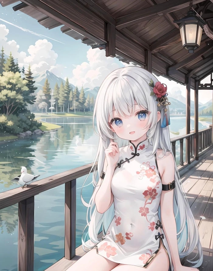 Ảnh anime nữ tóc trắng với hiệu ứng ánh sáng nhẹ