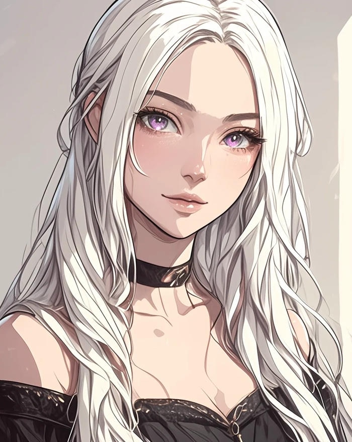 Tóc trắng anime nữ với ánh nhìn xa xăm