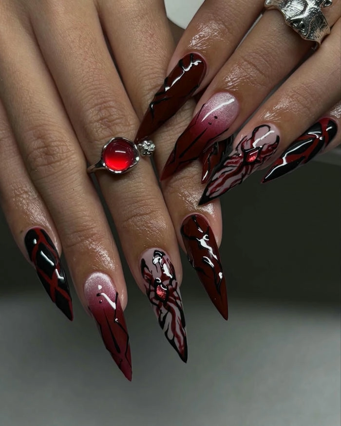 mẫu nail tay đỏ mix sang chảnh