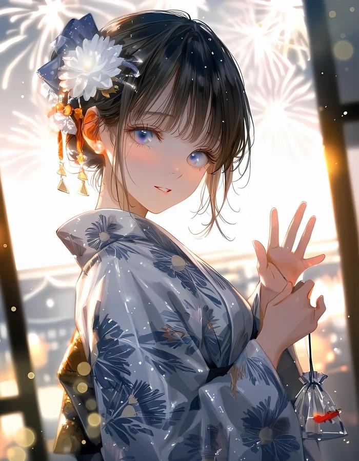 Anime kimono girl với phong cách Nhật Bản truyền thống