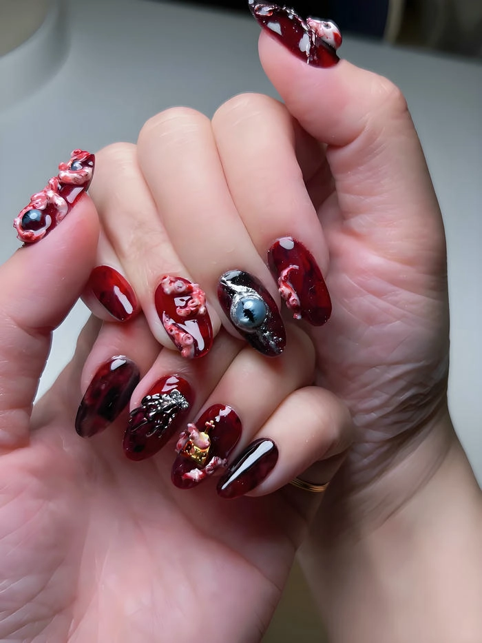 Bộ nail halloween tone đỏ đen ma mị