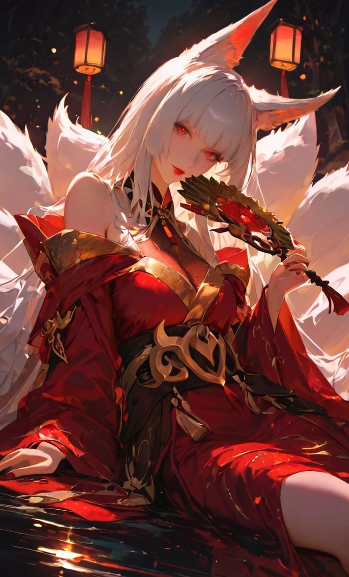 Đuôi hồng rực rỡ nổi bật trong ảnh hồ ly 9 đuôi anime