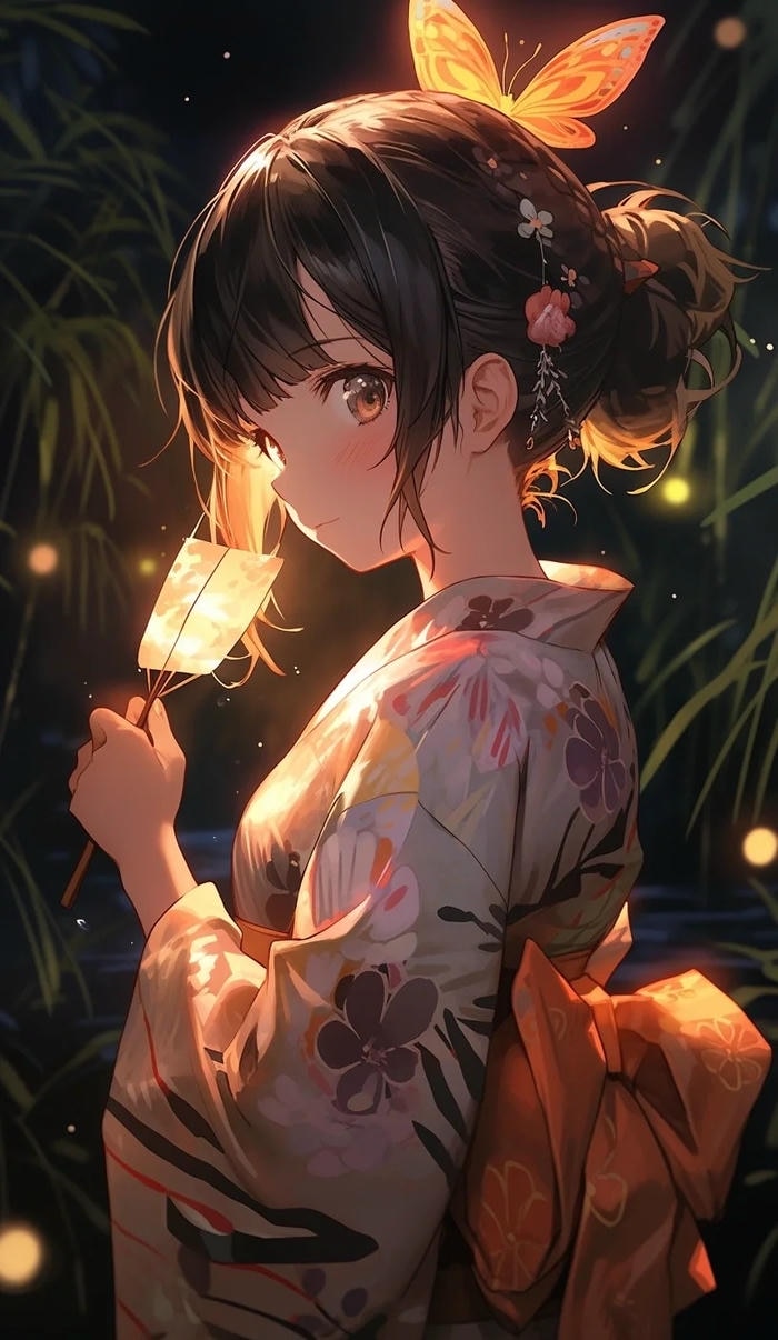Hình ảnh anime nữ mặc kimono với màu sắc tinh tế