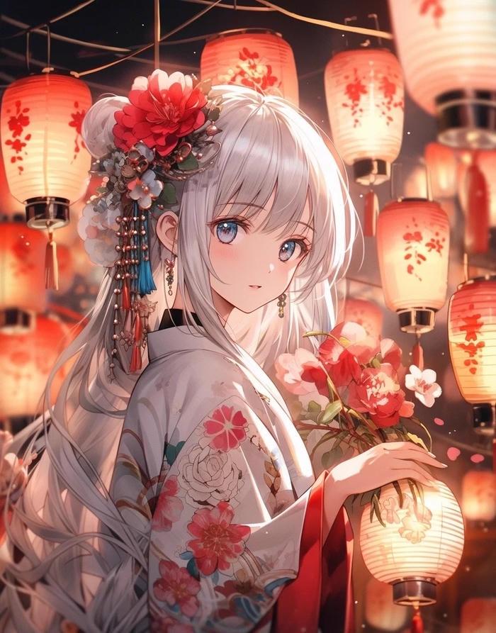 Hình anime nữ mặc kimono trong khung cảnh hoa anh đào