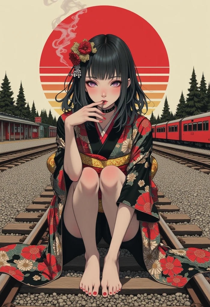 Hình anime nữ mặc kimono với ánh nhìn nhẹ nhàng