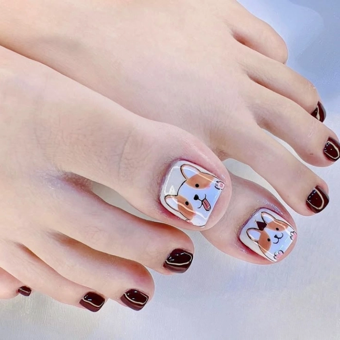 Mẫu nail chân hoạt hình corgy