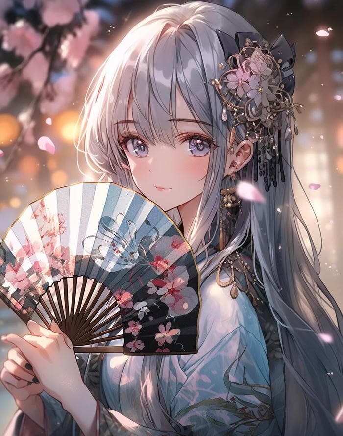 Nhân vật nữ anime với trang phục kimono nổi bật