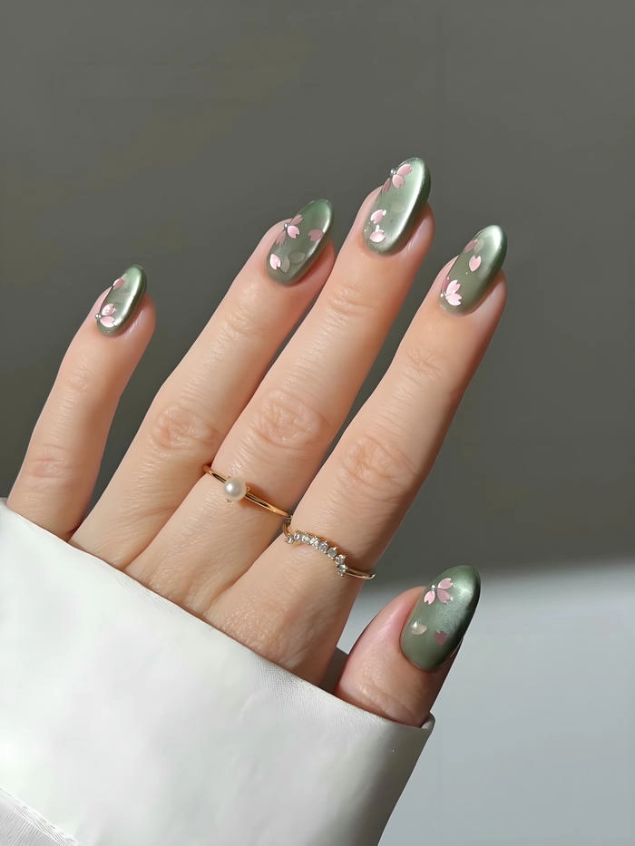 mẫu móng màu xanh ngọc vẽ hoa