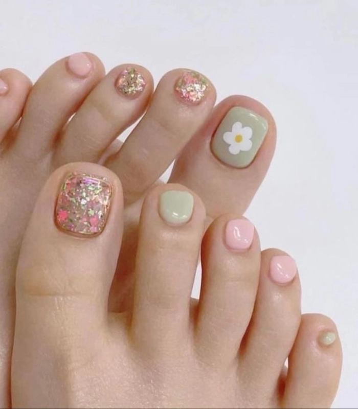 mẫu nail chân hàn quốc lấp lánh