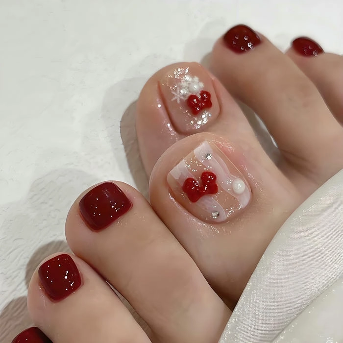 mẫu nail chân màu đỏ cute