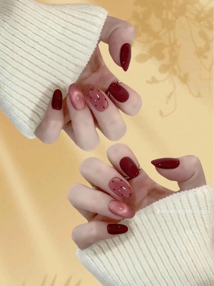 mẫu nail màu đỏ cherry siêu xinh
