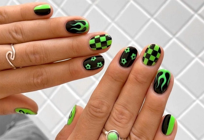 mẫu nail màu xanh lá cá tính