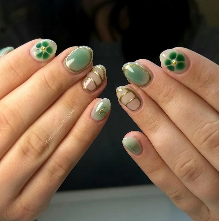 mẫu nail màu xanh lá móng ngắn