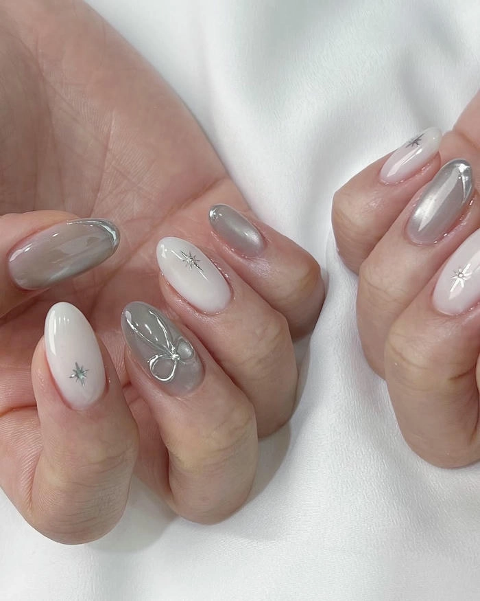 mẫu nail móng bầu vẽ nơ