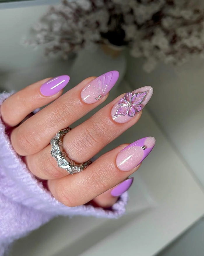 mẫu nail tròn nhọn màu tím siêu đẹp