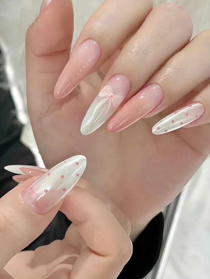 mẫu nail vẽ nơ móng tay dài cute