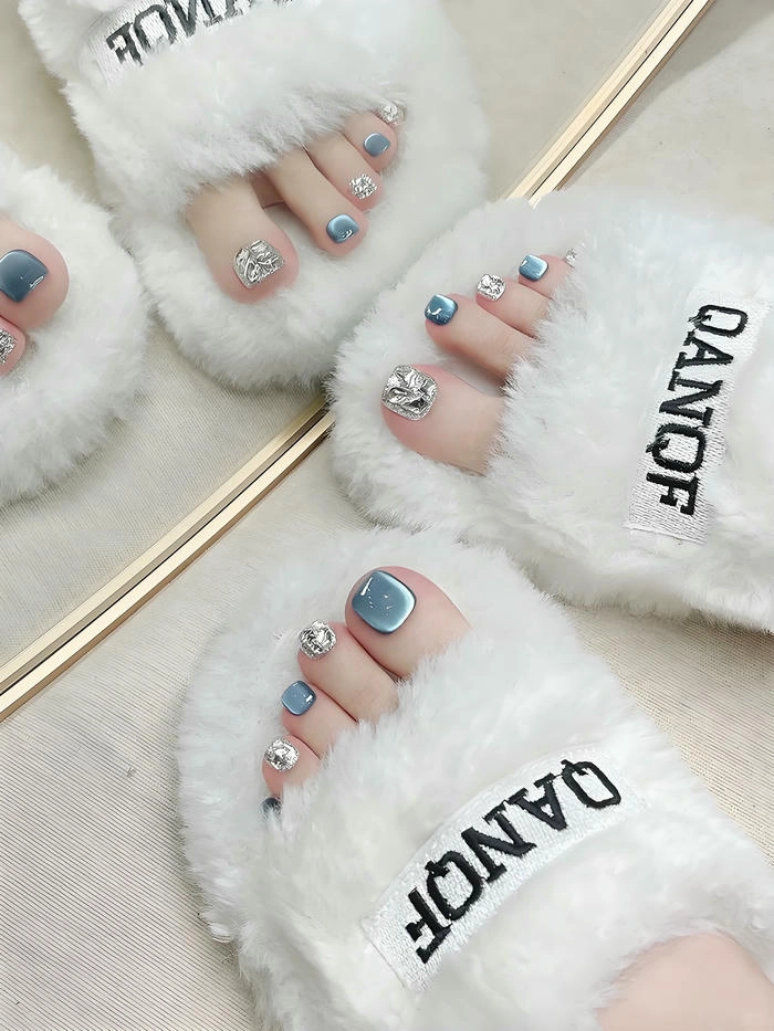 nail chân mắt mèo màu xanh đính đá
