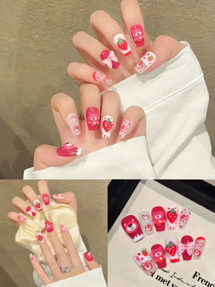 nail hồng gấu dâu cute