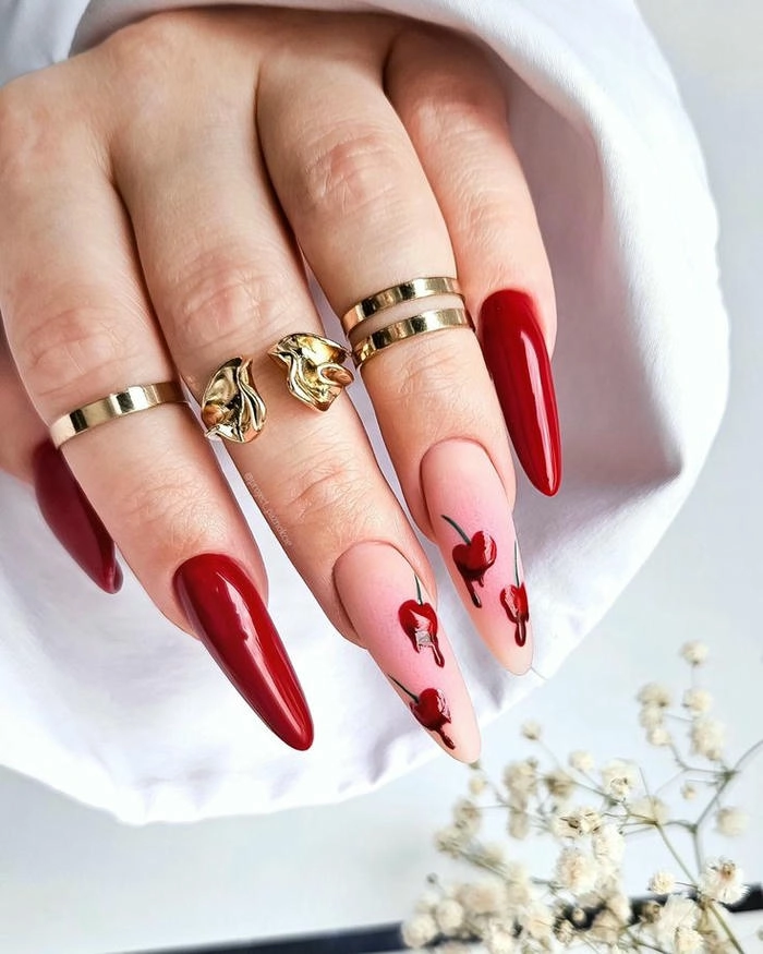 nail màu đỏ cherry móng dài nhọn