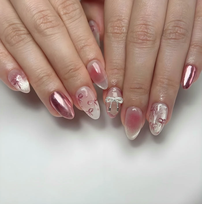 nail móng bầu đẹp gắn nơ