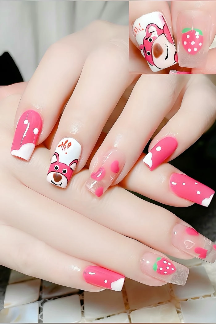 nail tay hồng gấu dâu cute