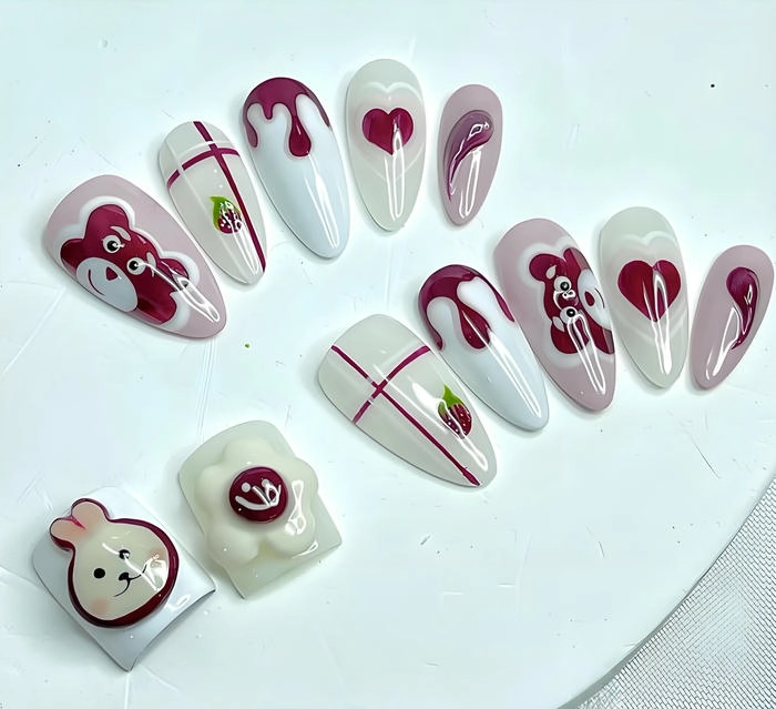 nail tay hồng gấu dâu siêu xinh