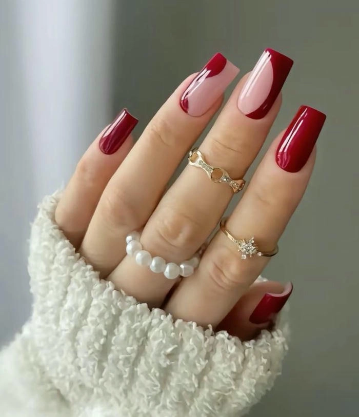 nail vuông màu đỏ cherry tone da