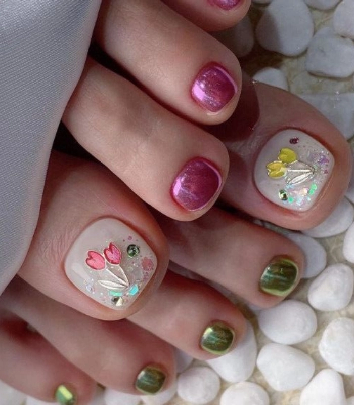 Mẫu nail chân nhiều màu sành điệu