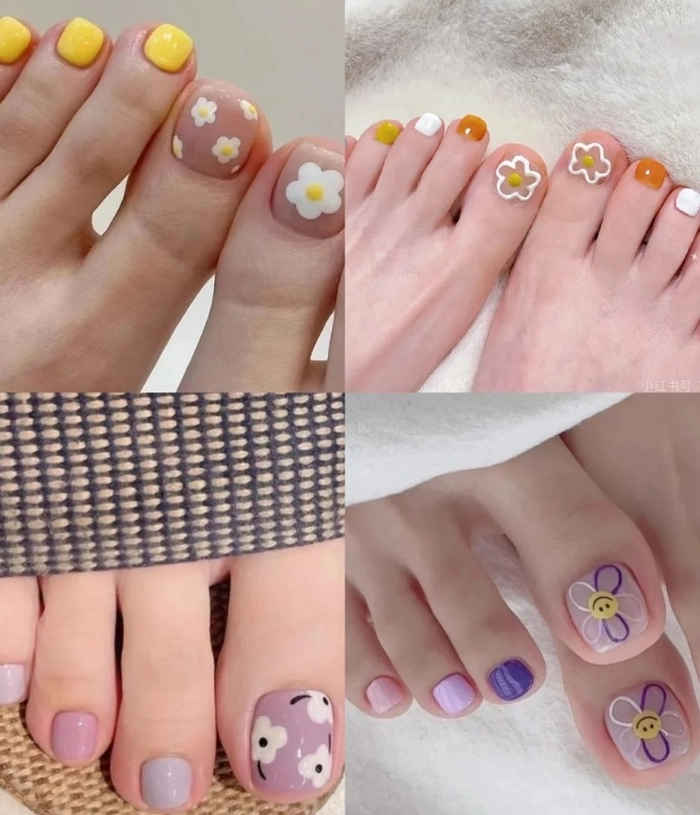 Mẫu nail chân vẽ hoa đơn giản màu pastel