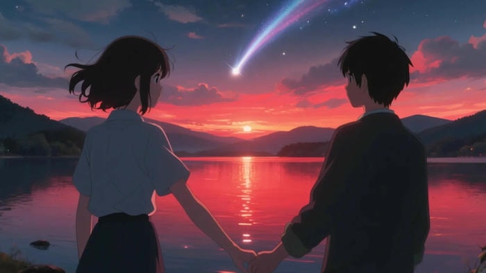 anime nắm tay bên hoàng hôn