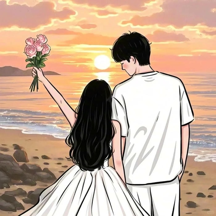 hình anime nắm tay giữa bãi biển