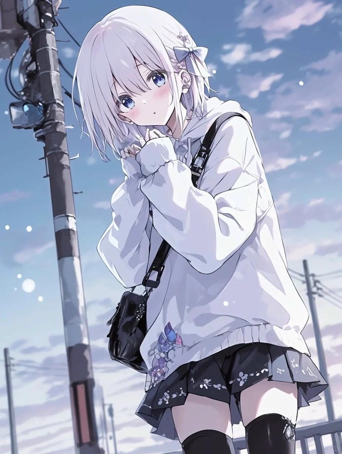 Ảnh anime girl tóc trắng cute xinh