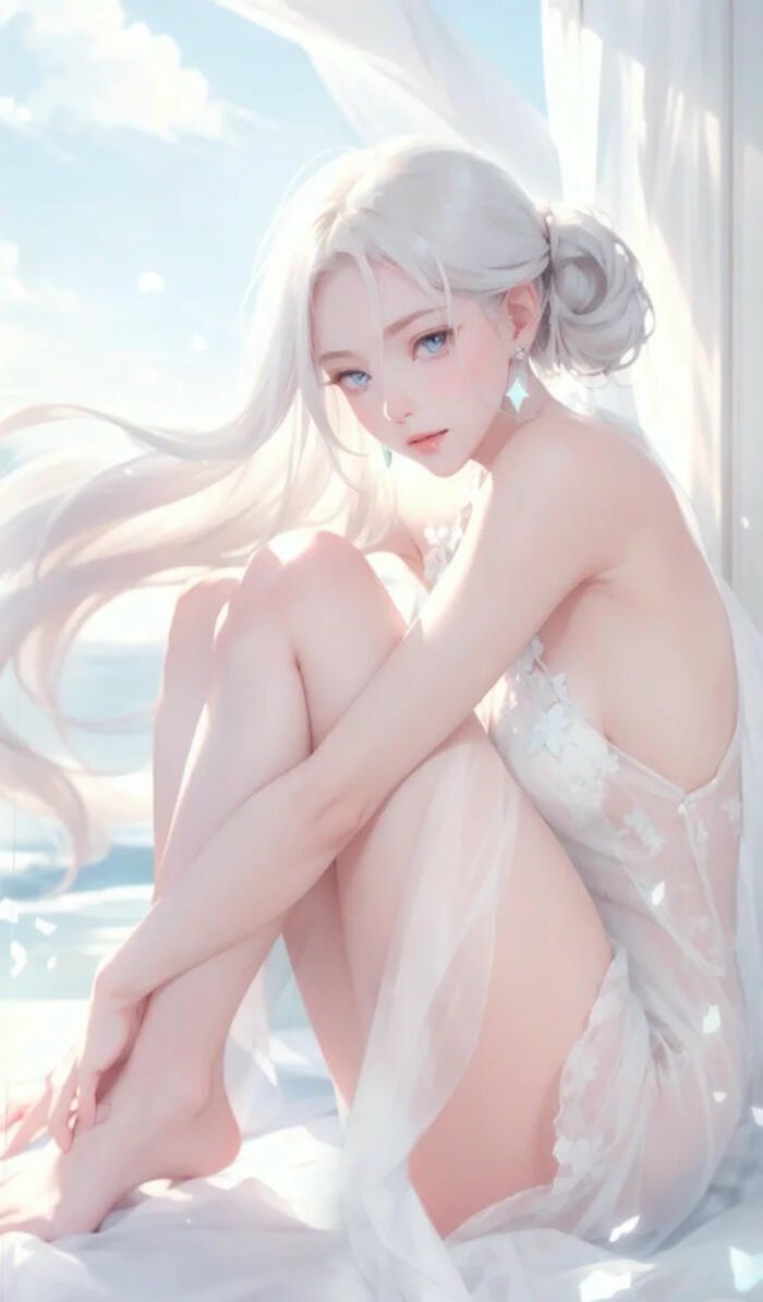 Hình anime girl tóc trắng ngoài trời
