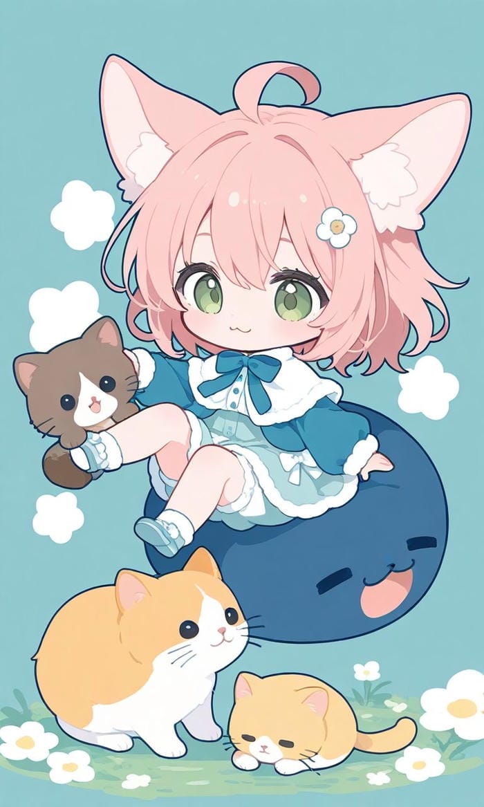 chibi bé gái ôm gấu bông