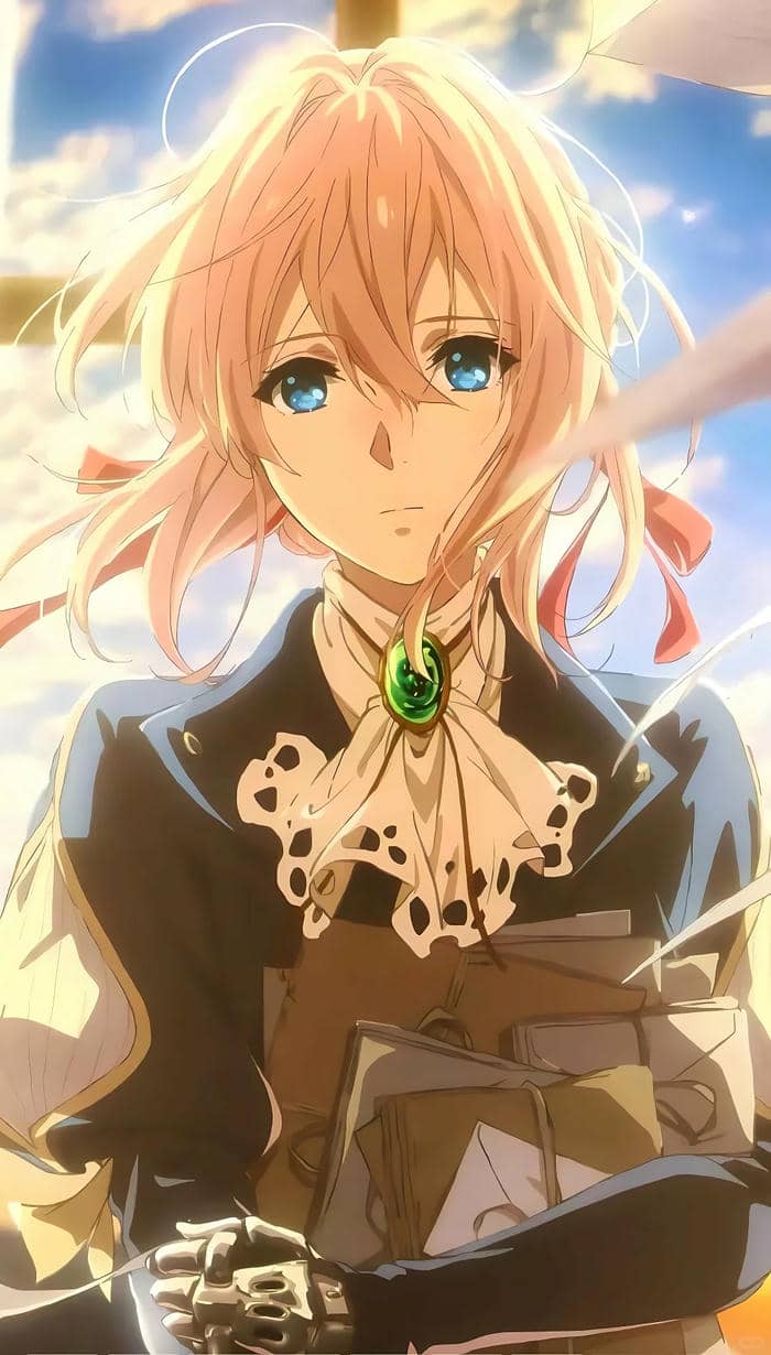 hình anime tóc vàng nữ xinh với nụ cười tỏa nắng