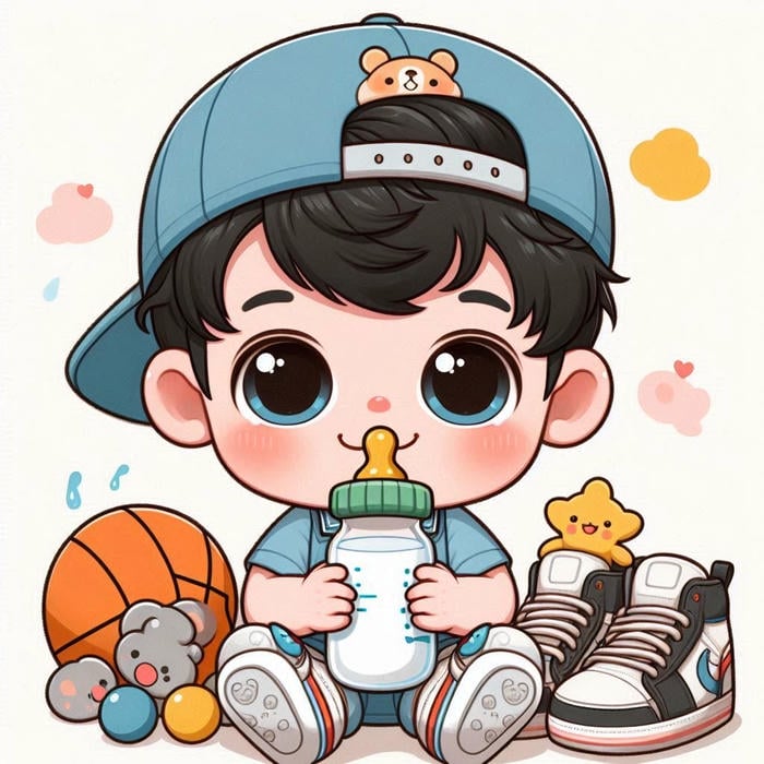hình ảnh em bé chibi đội mũ ôm bình sữa