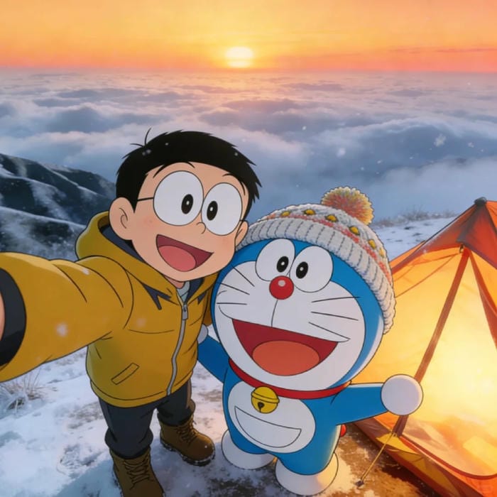 hình ảnh nobita selfie với doreamon