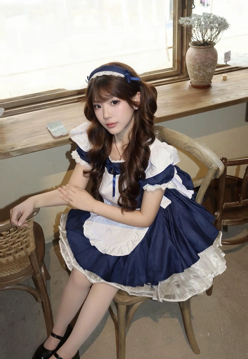 Gái xinh mặc đồ hầu gái tạo dáng gần cửa sổ ánh sáng