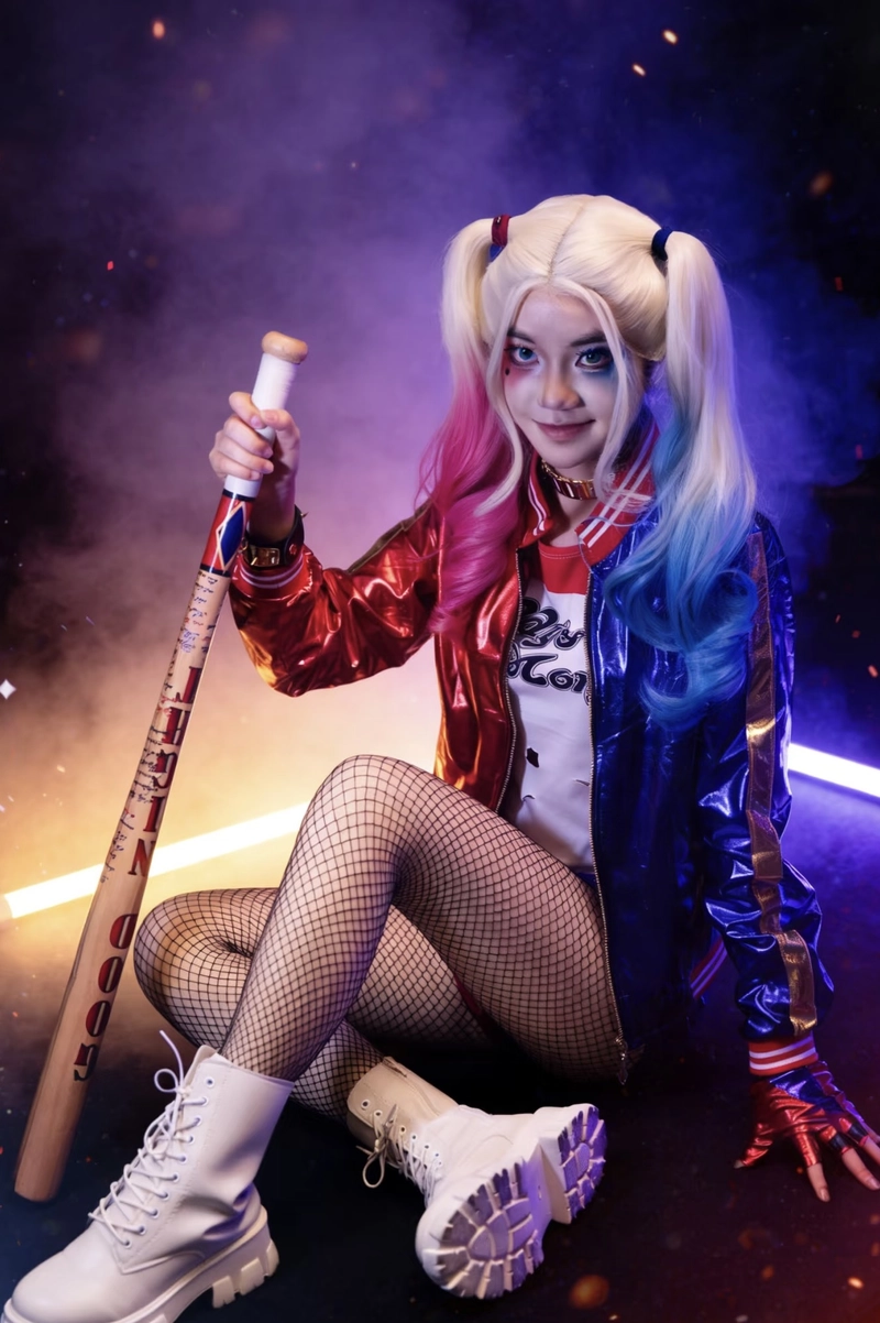 Harley Quinn cosplay biểu cảm tinh nghịch đáng yêu