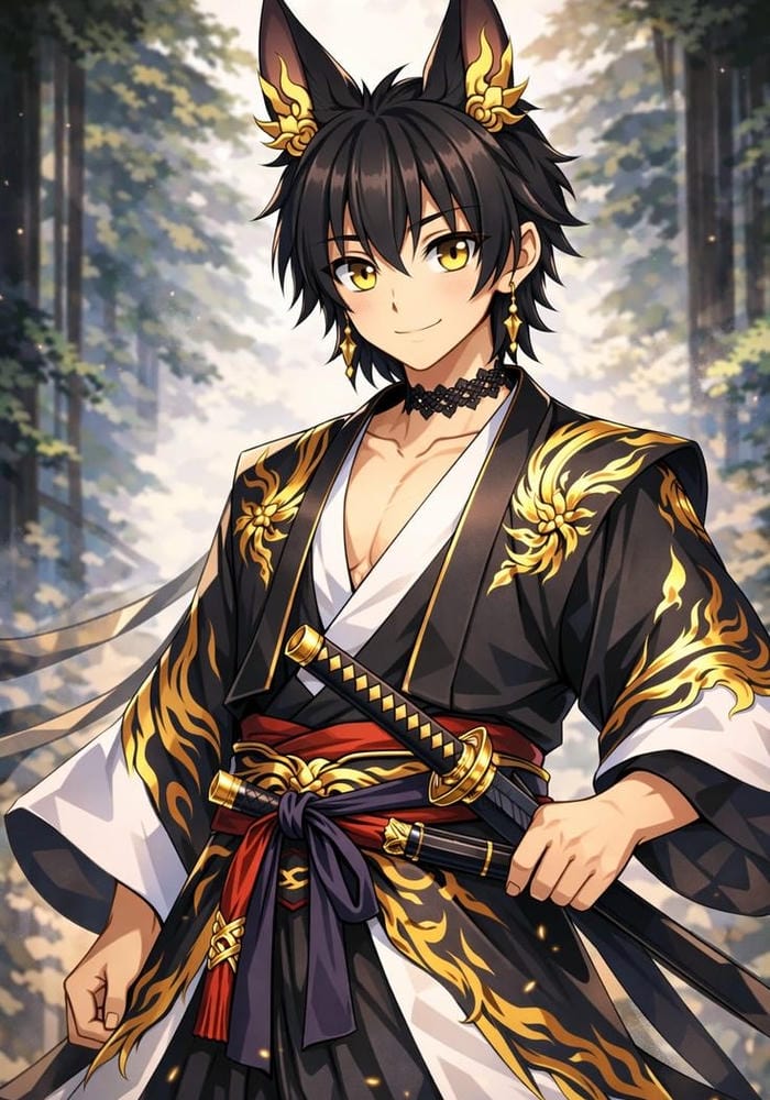 ảnh anime nam cầm kiếm katana tư thế samurai